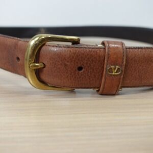 Vintage Valentino Garavani Belt Women M Brown Leather Gold Buckle V Logo Italian